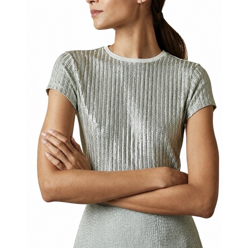 NEW! Ted Baker Catrino Metallic Ribbed Short Sleeve Blouse Top Mint Green SZ 8